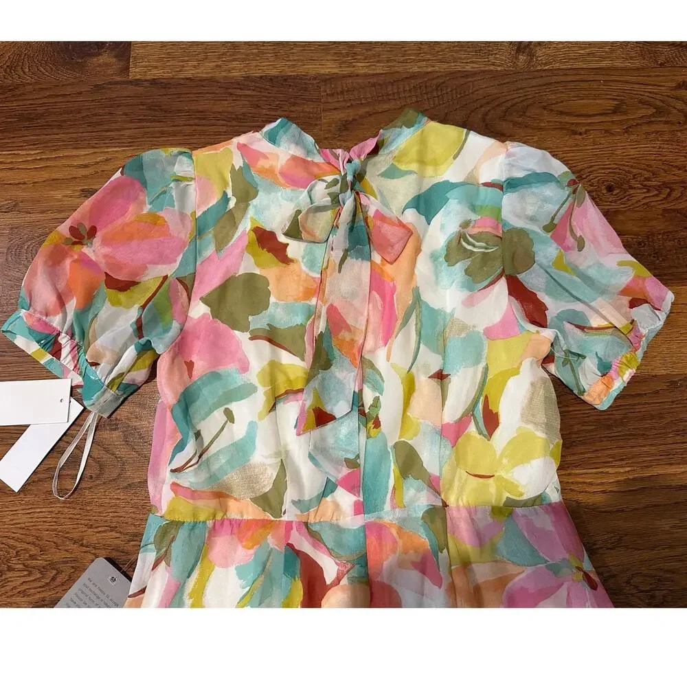 Julia Jordan Floral Puff Sleeve Midi Dress Chiffon Watercolor Women’s 10 NWT - Picture 4 of 12